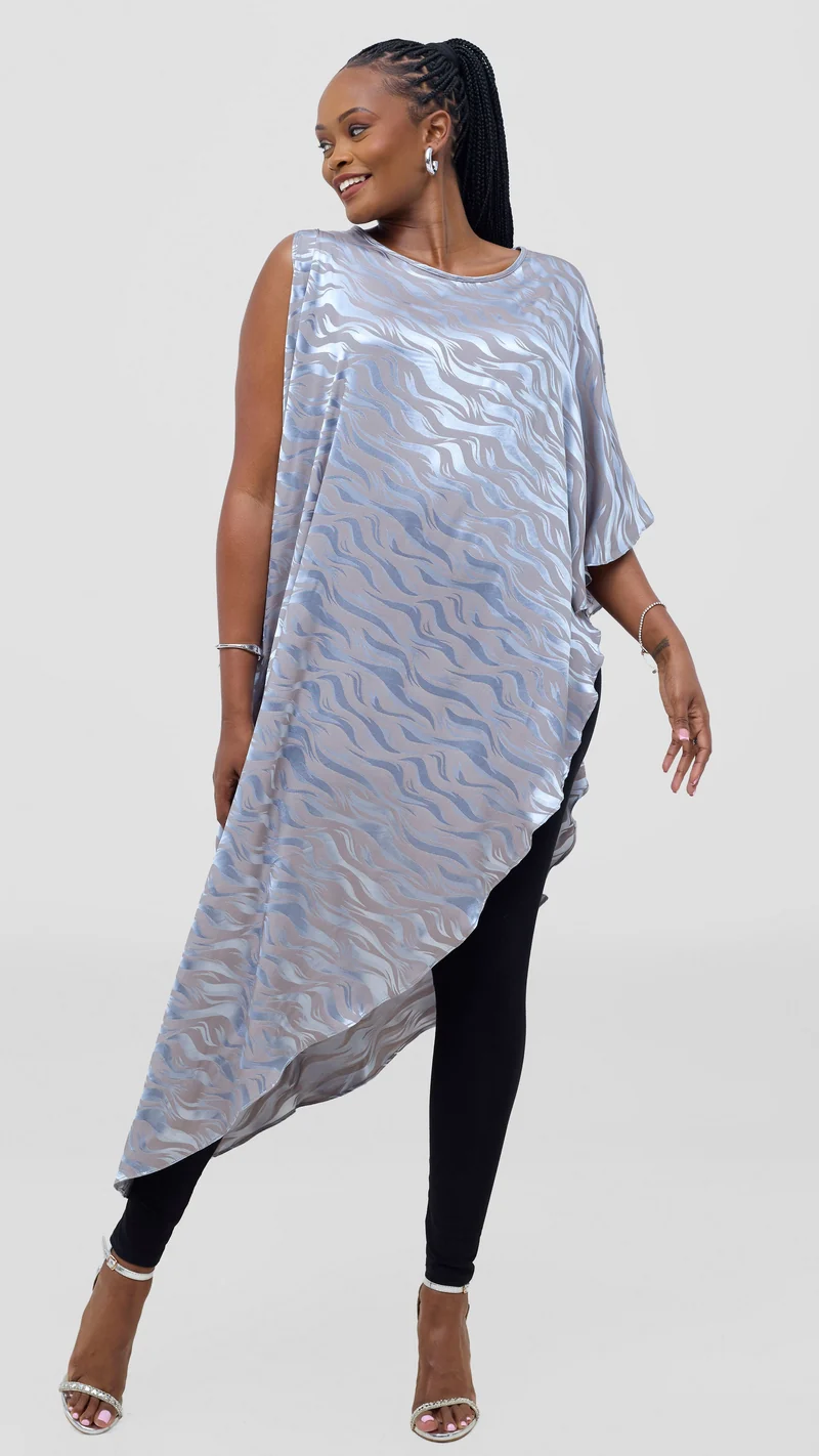 Vivo Liora Asymmetrical Kaftan Top in Satin - Baby Blue Textured Print