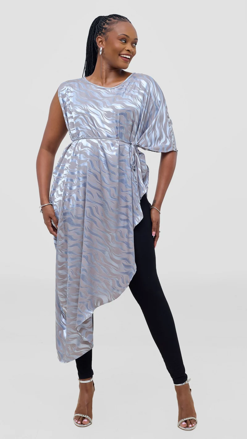 Vivo Liora Asymmetrical Kaftan Top in Satin - Baby Blue Textured Print
