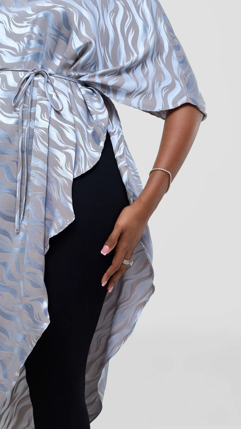 Vivo Liora Asymmetrical Kaftan Top in Satin - Baby Blue Textured Print