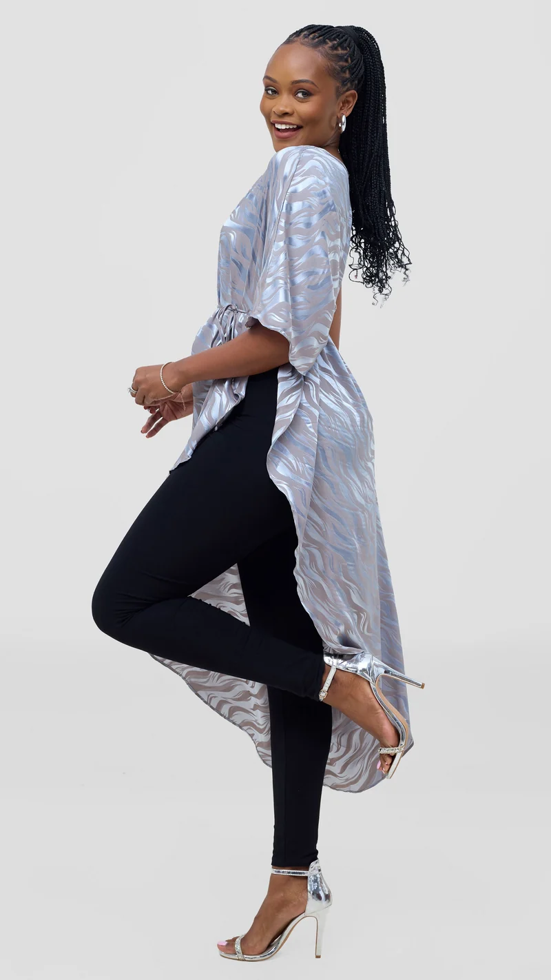 Vivo Liora Asymmetrical Kaftan Top in Satin - Baby Blue Textured Print