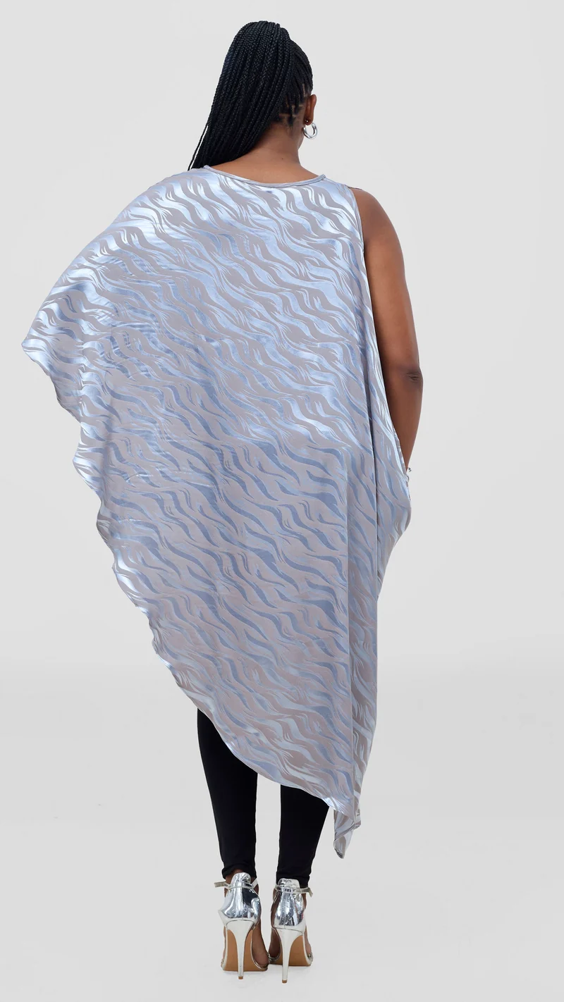 Vivo Liora Asymmetrical Kaftan Top in Satin - Baby Blue Textured Print