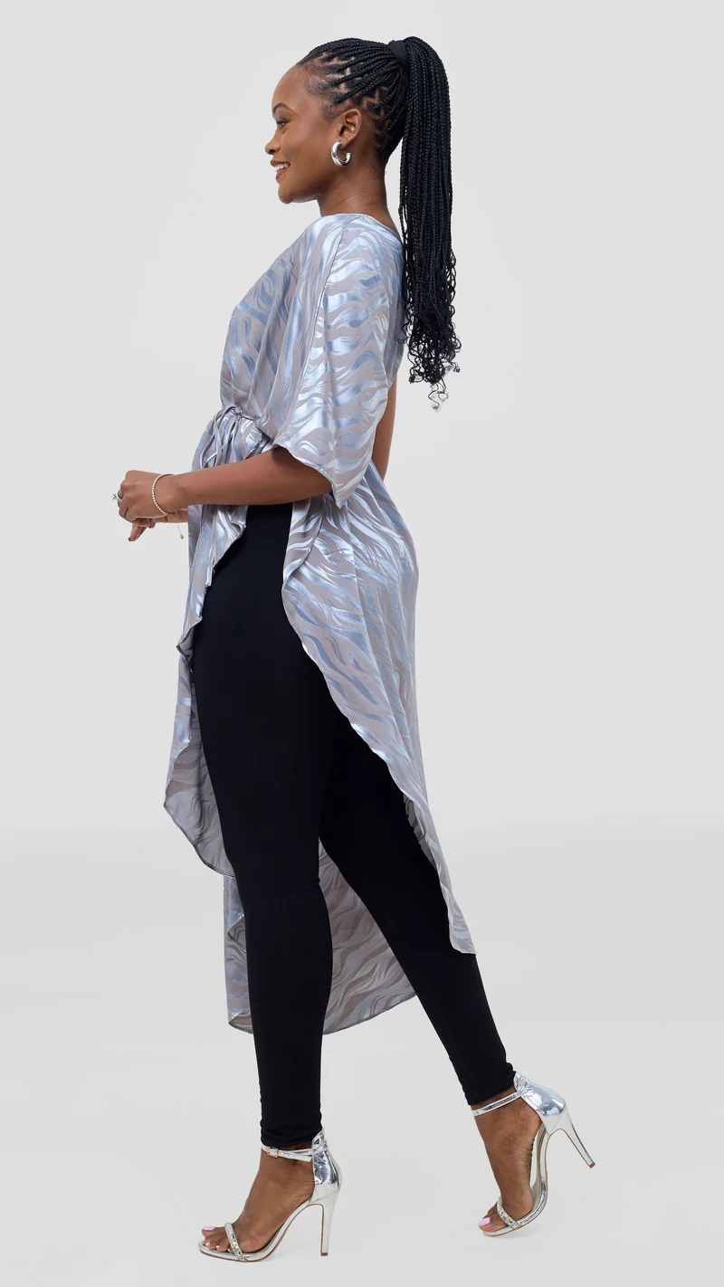 Vivo Liora Asymmetrical Kaftan Top in Satin - Baby Blue Textured Print