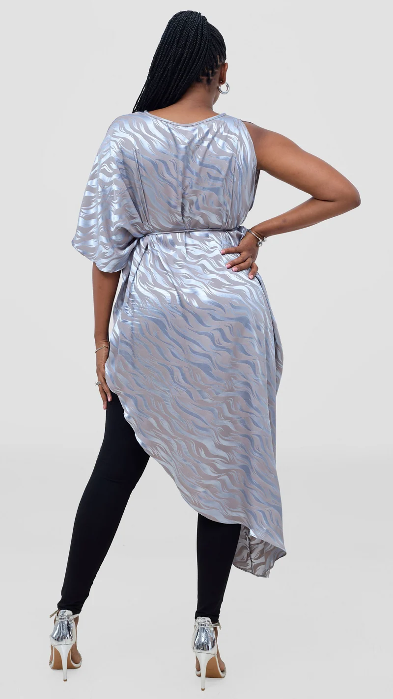 Vivo Liora Asymmetrical Kaftan Top in Satin - Baby Blue Textured Print
