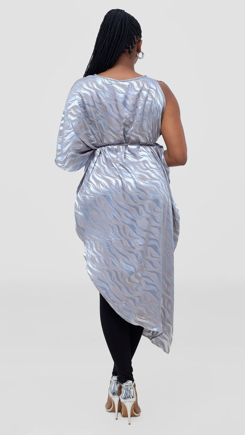 Vivo Liora Asymmetrical Kaftan Top in Satin - Baby Blue Textured Print