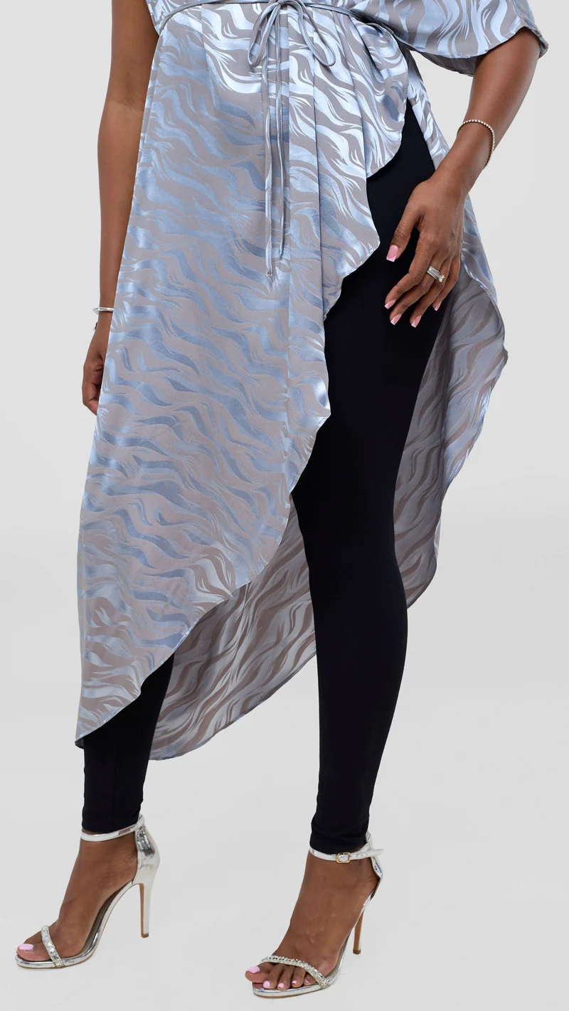 Vivo Liora Asymmetrical Kaftan Top in Satin - Baby Blue Textured Print