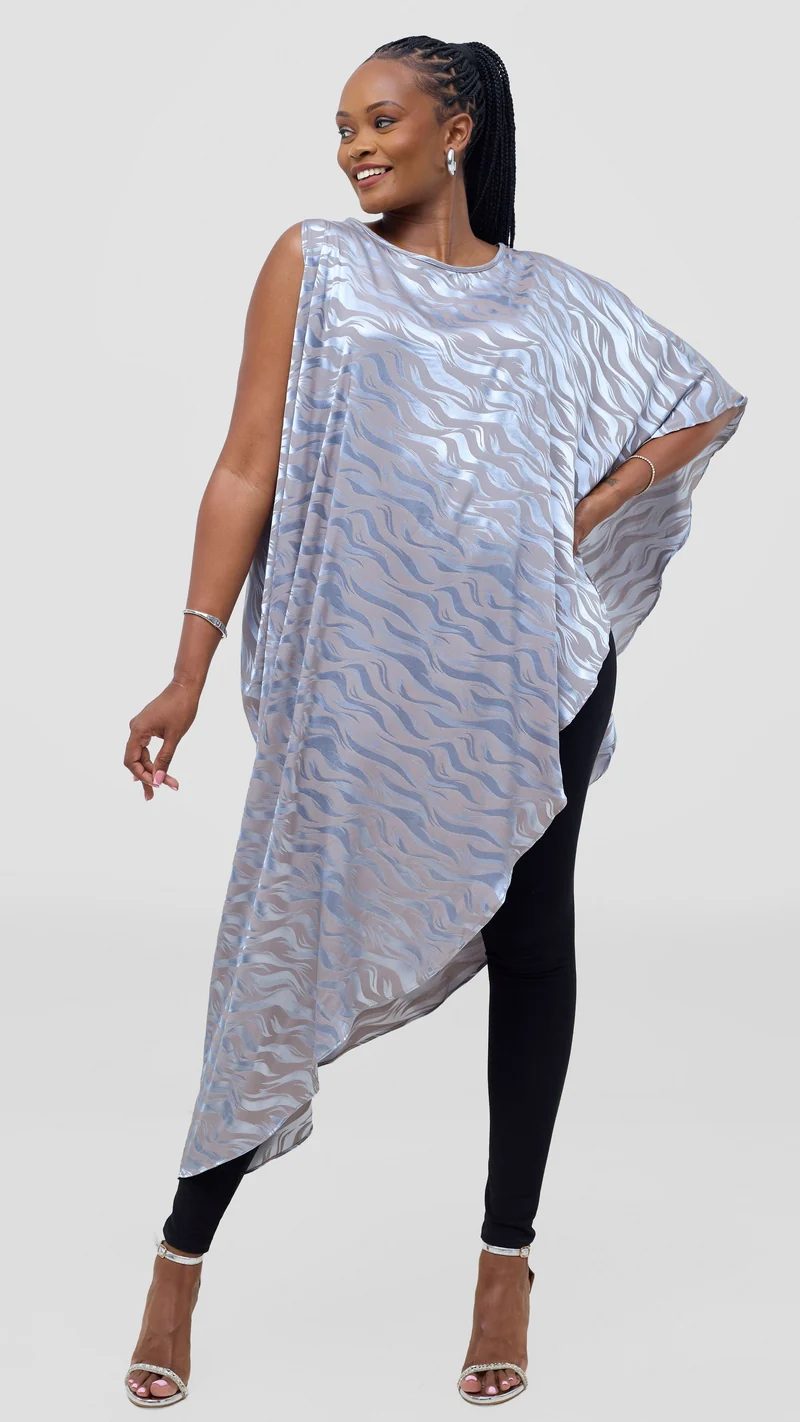 Vivo Liora Asymmetrical Kaftan Top in Satin - Baby Blue Textured Print