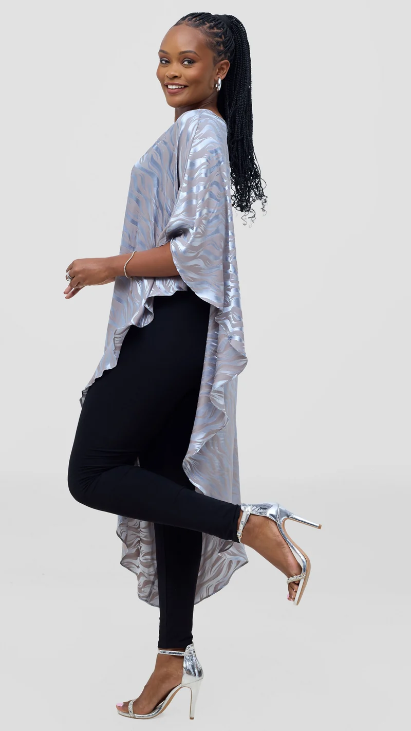 Vivo Liora Asymmetrical Kaftan Top in Satin - Baby Blue Textured Print