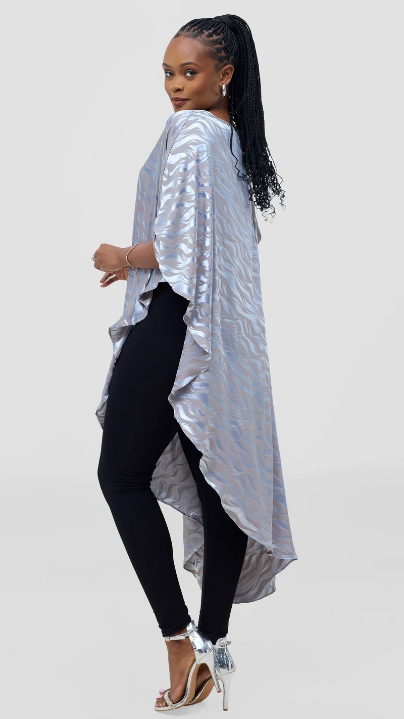 Vivo Liora Asymmetrical Kaftan Top in Satin - Baby Blue Textured Print