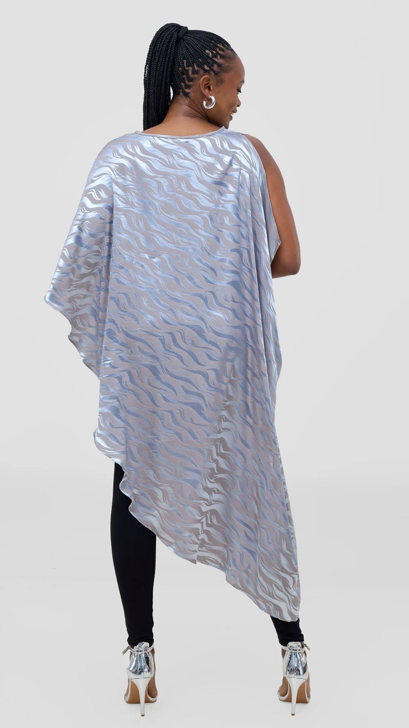 Vivo Liora Asymmetrical Kaftan Top in Satin - Baby Blue Textured Print