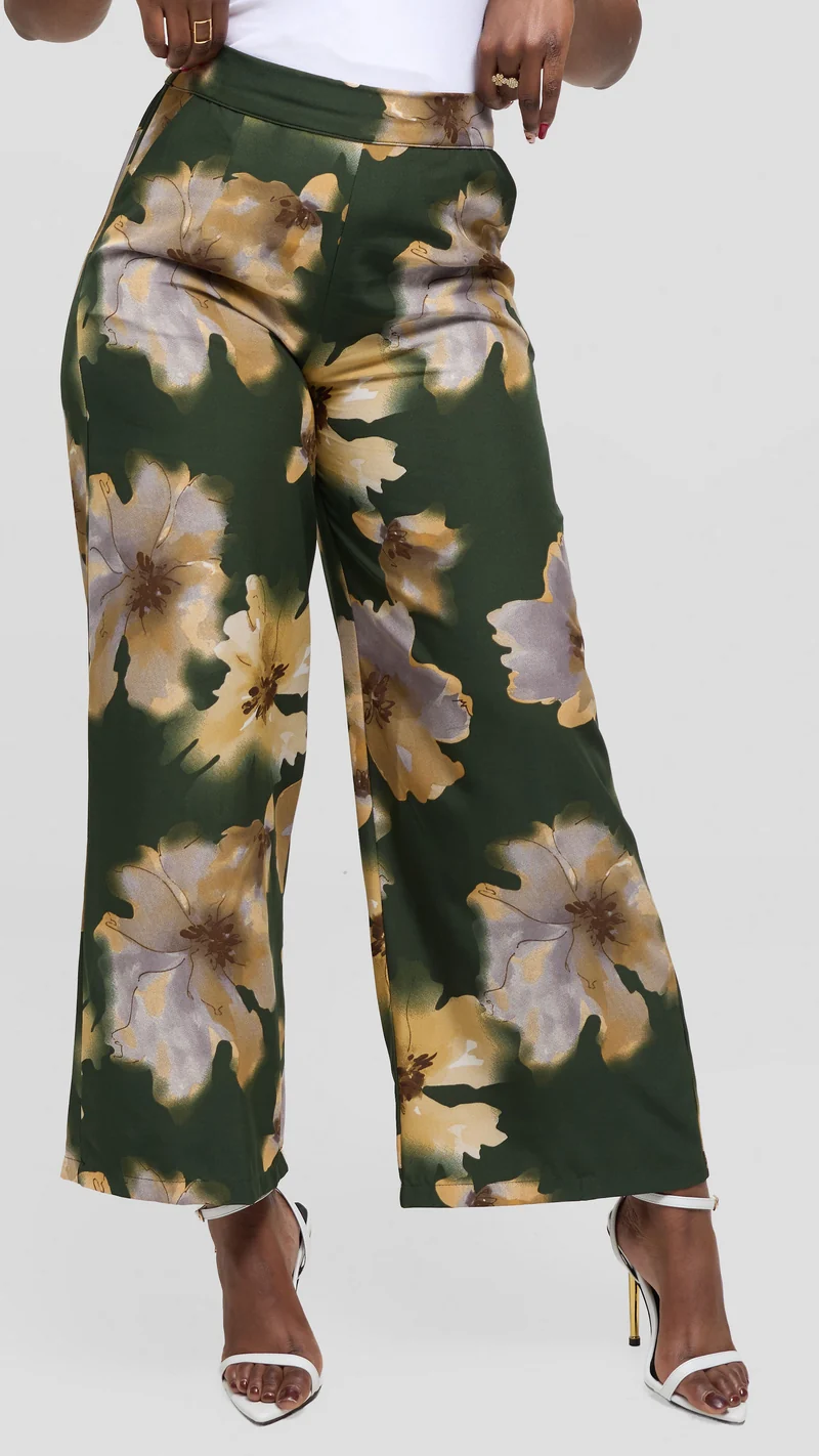 Vivo Maisha Straight Leg Pants in Crepe - Green / Brown Print