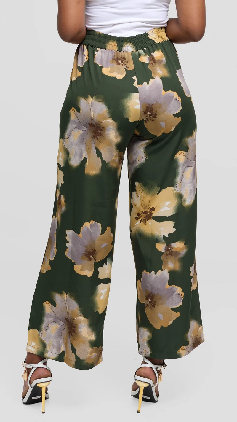 Vivo Maisha Straight Leg Pants in Crepe - Green / Brown Print