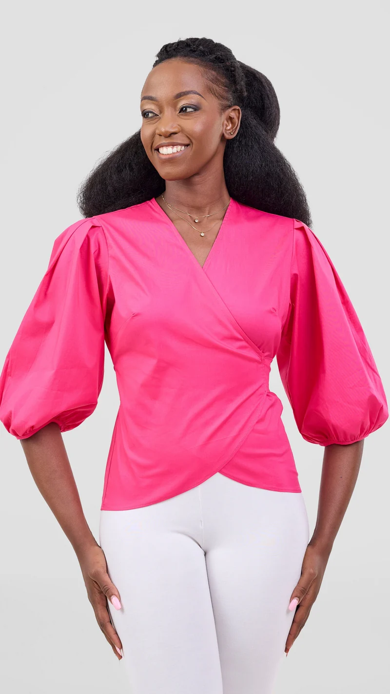 Vivo 3/4 Sleeve Wrap Top in Cotton - Pink