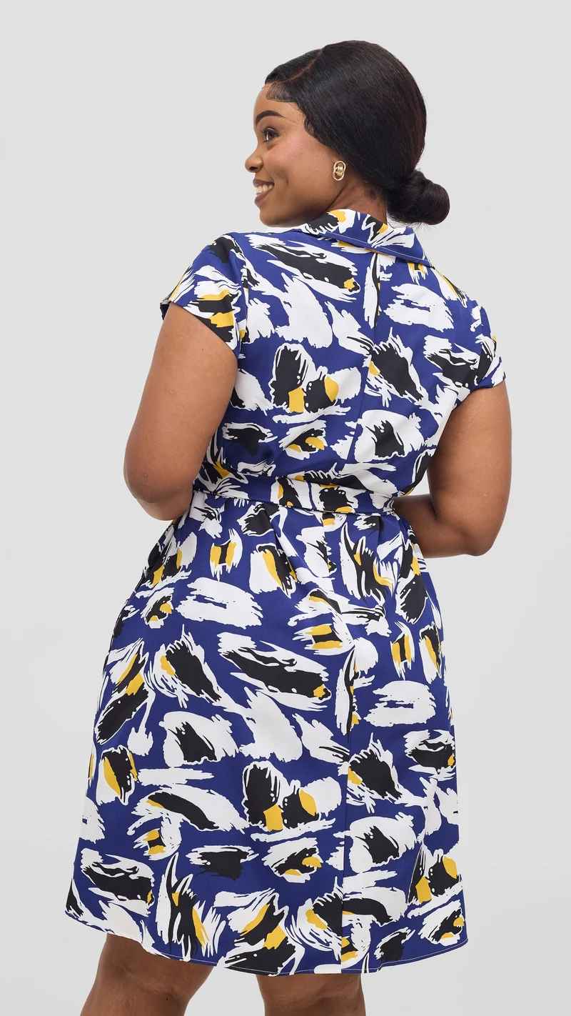Vivo Zuri Cap Sleeve Knee Length Dress - Blue / Black Print