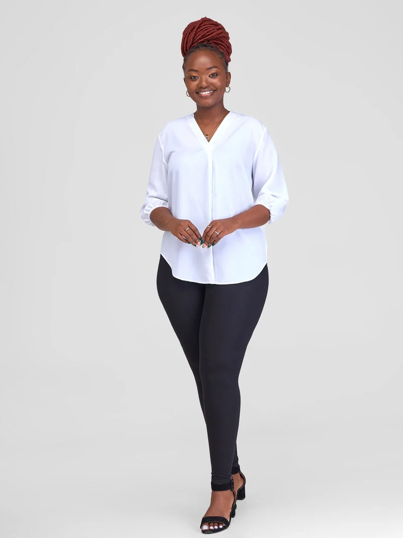 Vivo Dua 3/4 Sleeved V Neck Shirt in Crepe - White