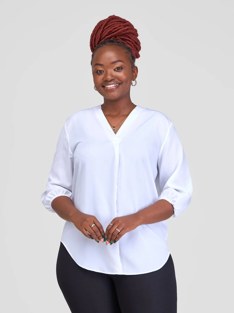 Vivo Dua 3/4 Sleeved V Neck Shirt in Crepe - White