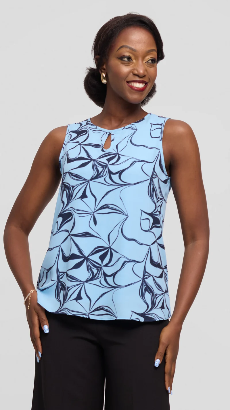 Vivo Sierra Sleeveless Double Layered Top in Chiffon - Light Blue / Navy Arah Print