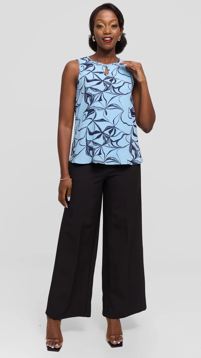 Vivo Sierra Sleeveless Double Layered Top in Chiffon - Light Blue / Navy Arah Print