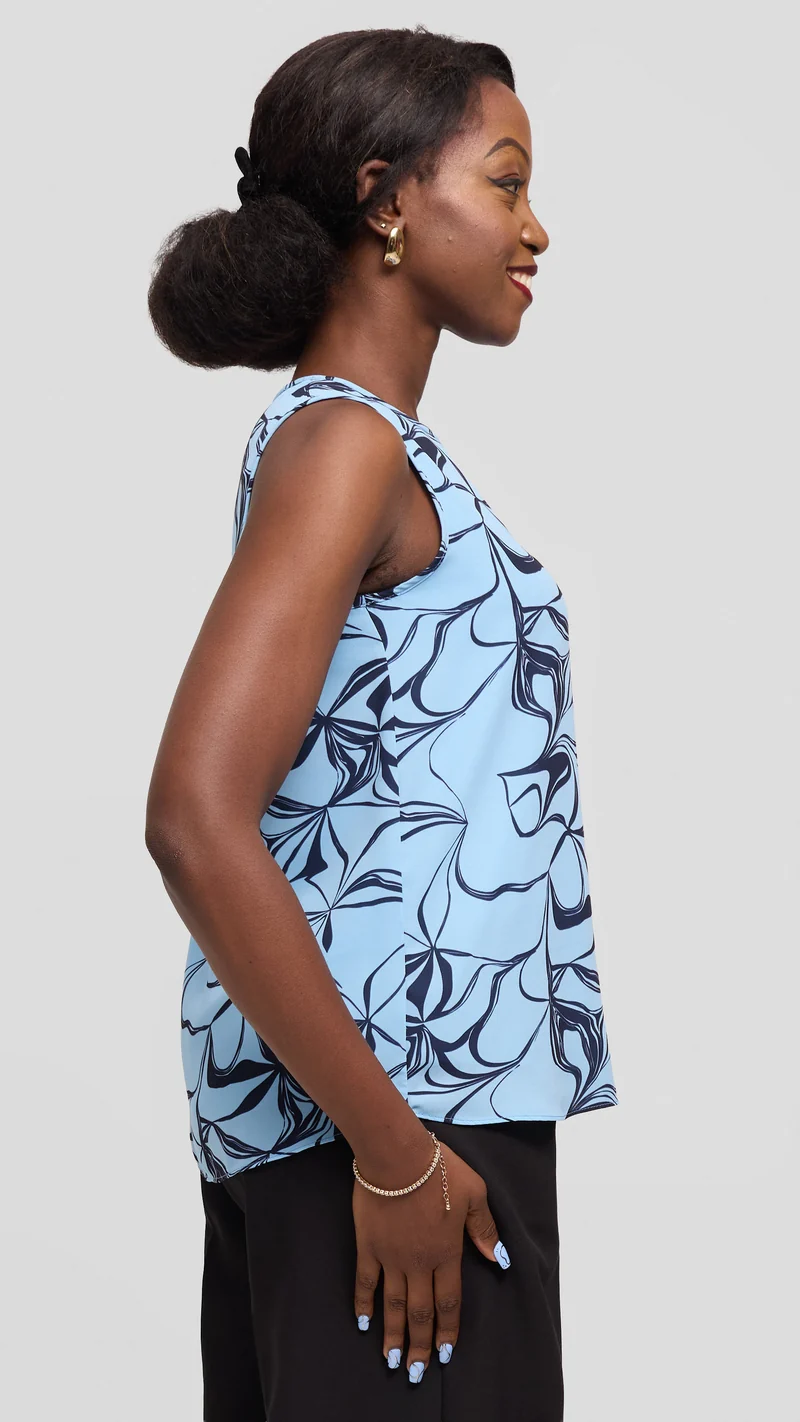 Vivo Sierra Sleeveless Double Layered Top in Chiffon - Light Blue / Navy Arah Print