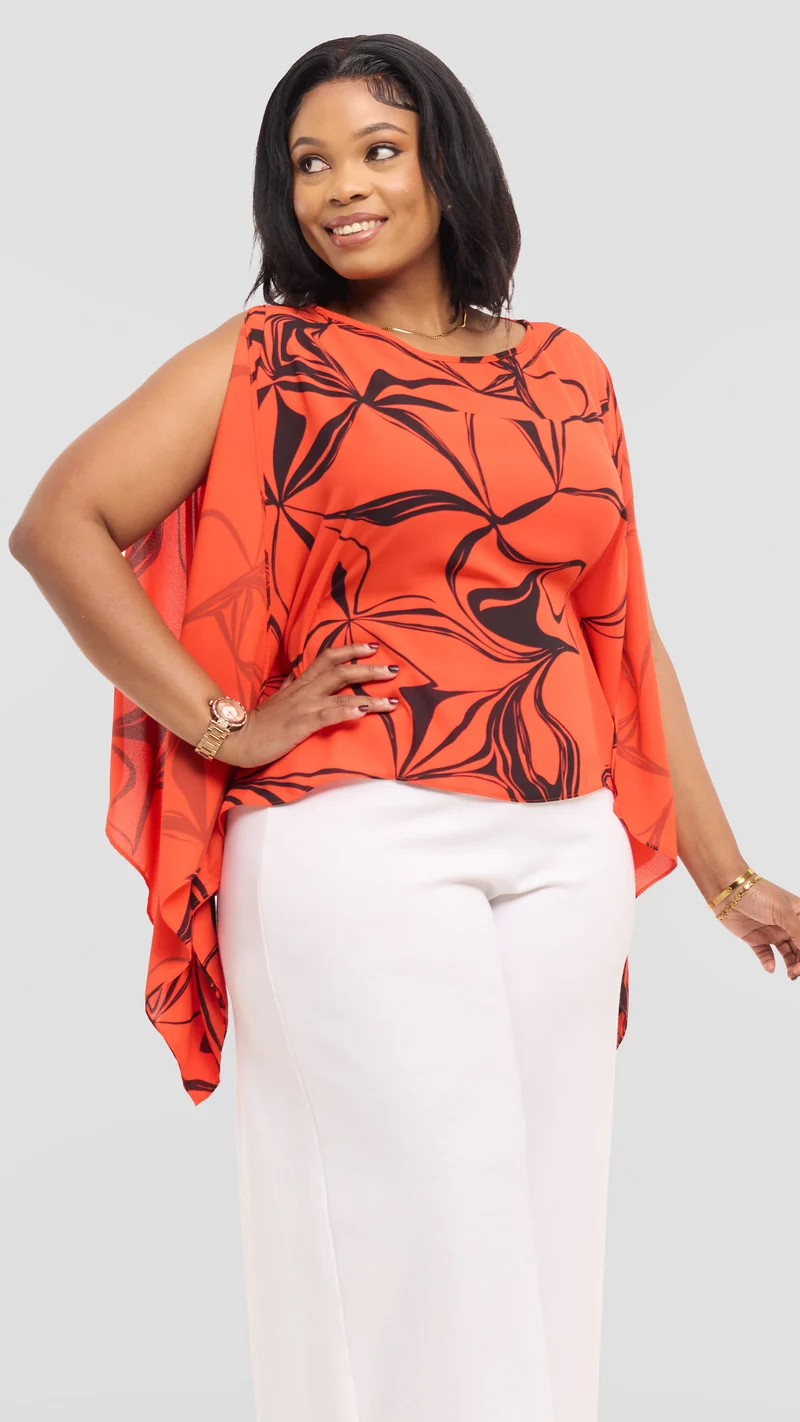 Vivo Wide Top in Chiffon - Orange / Black Arah Print