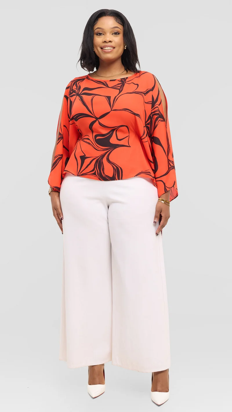 Vivo Wide Top in Chiffon - Orange / Black Arah Print