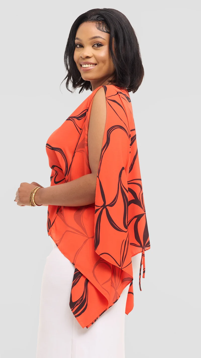 Vivo Wide Top in Chiffon - Orange / Black Arah Print