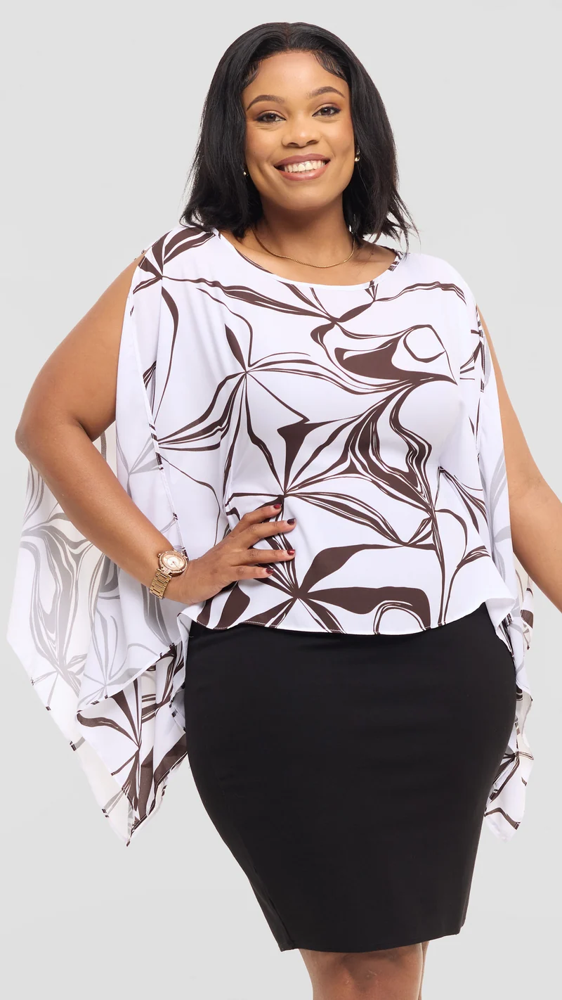 Vivo Wide Top in Chiffon - White / Chocolate Arah Print