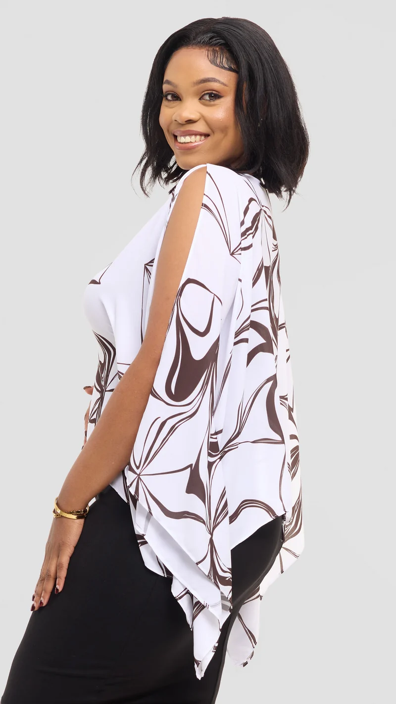 Vivo Wide Top in Chiffon - White / Chocolate Arah Print