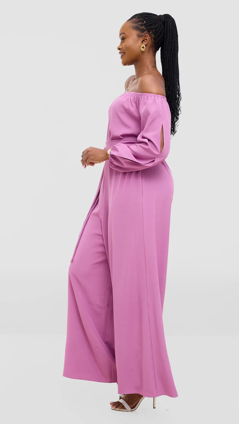 Vivo Zahari 3/4 Sleeve Off Shoulder Jumpsuit In Crepe - Lilac
