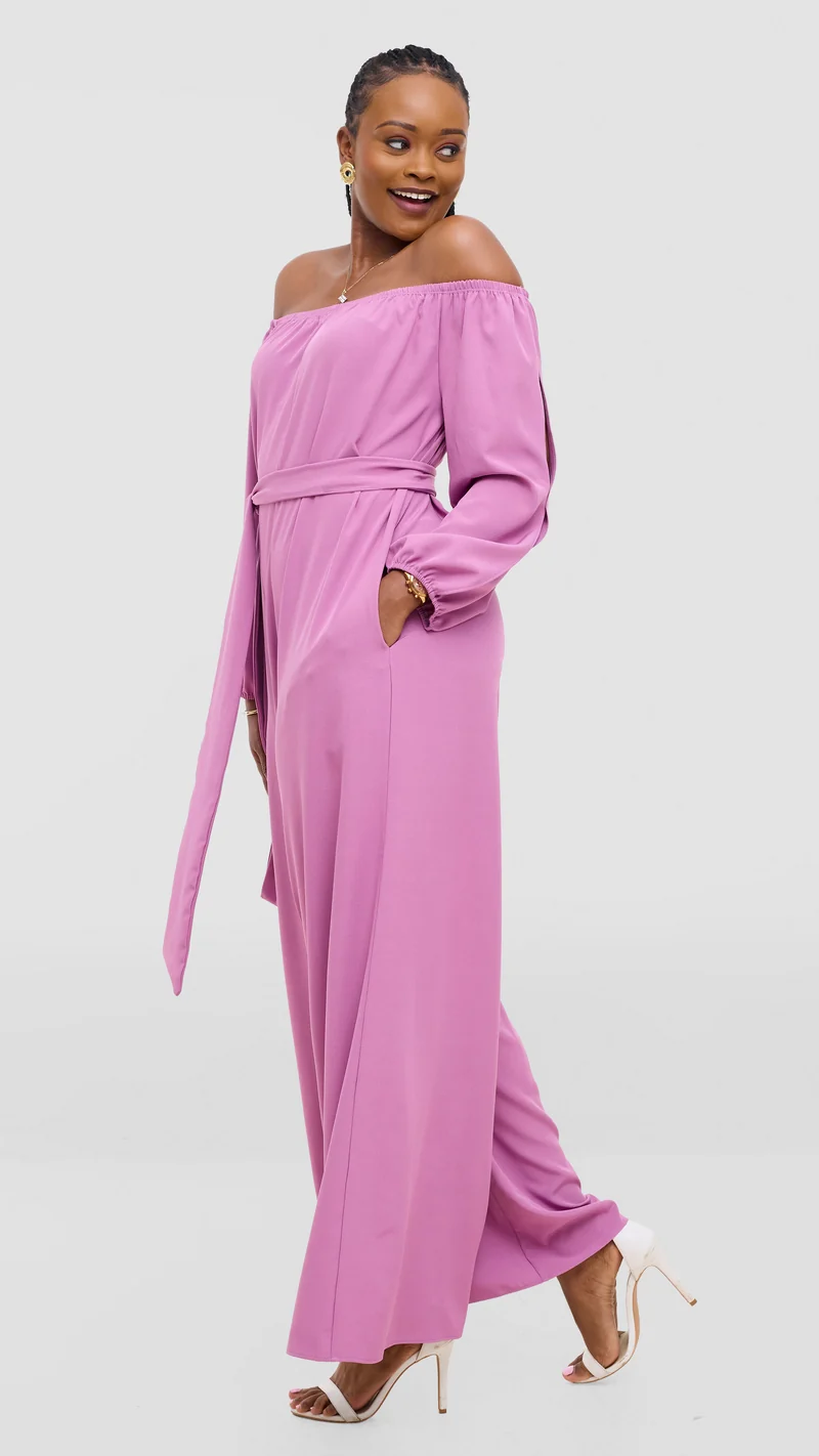 Vivo Zahari 3/4 Sleeve Off Shoulder Jumpsuit In Crepe - Lilac