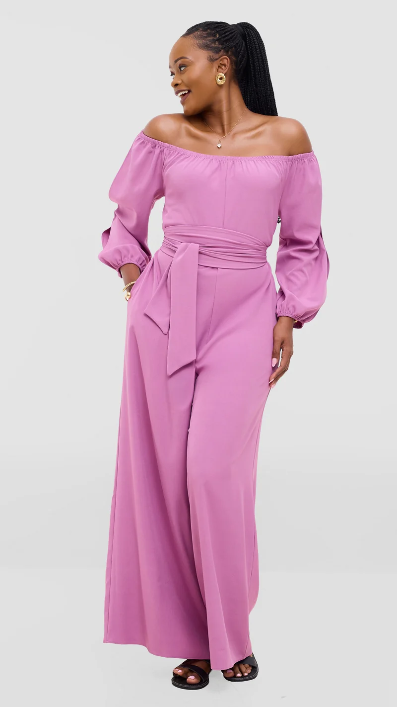 Vivo Zahari 3/4 Sleeve Off Shoulder Jumpsuit In Crepe - Lilac