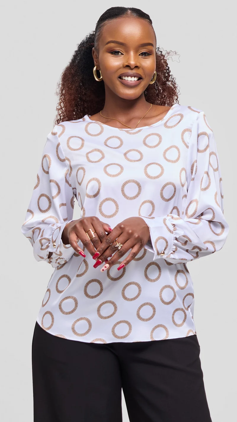 Vivo Tatili Bishop Long Sleeve Top in Satin - White / Taupe Garini Print