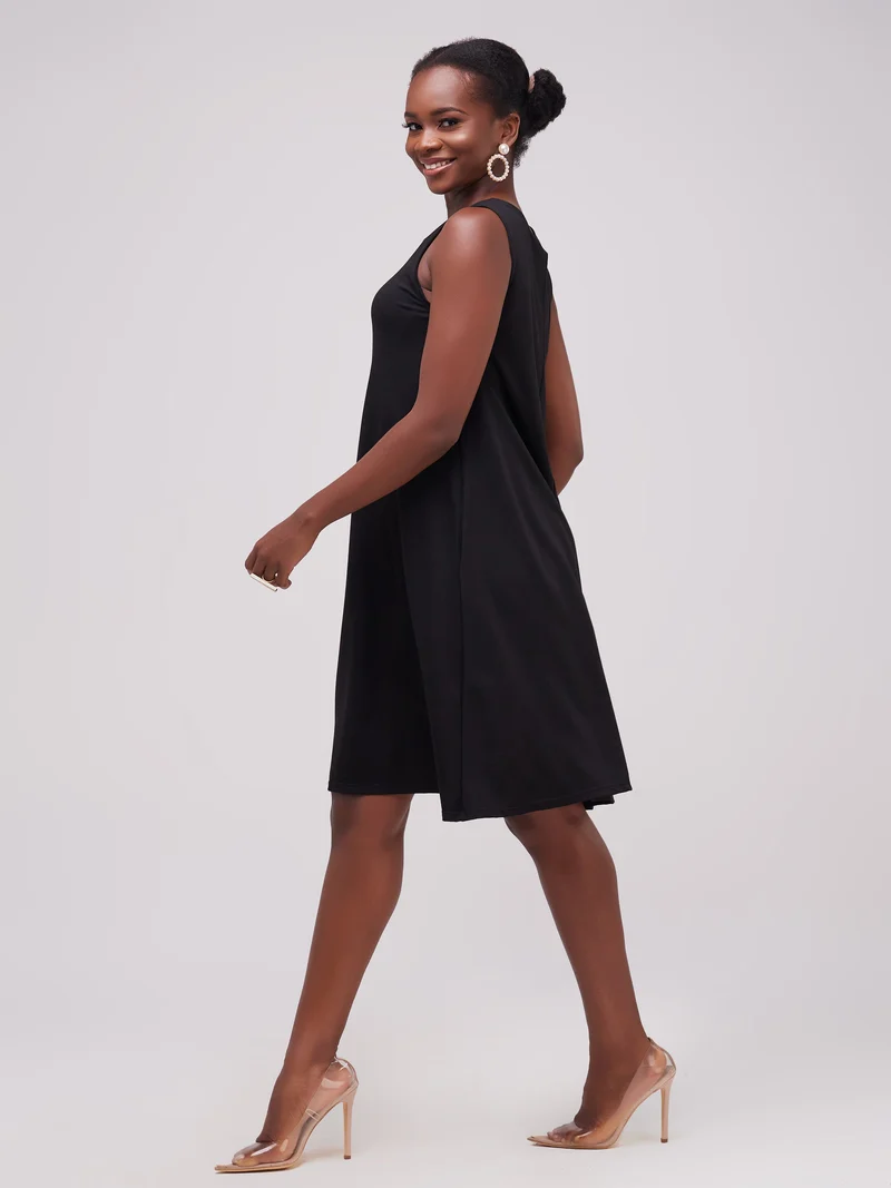 Vivo Basic Sleeveless Kena Tent Dress In Ponte - Black