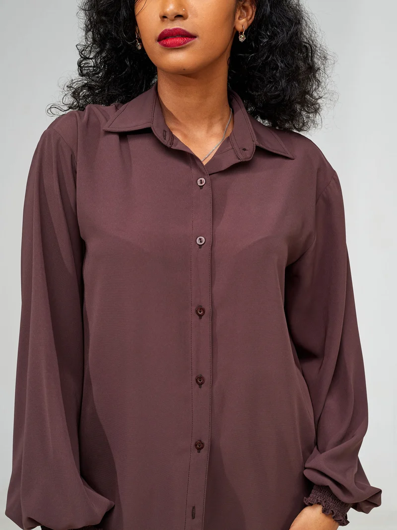 Vivo Wastani Shirred Sleeve Easy Fit Shirt - Chocolate
