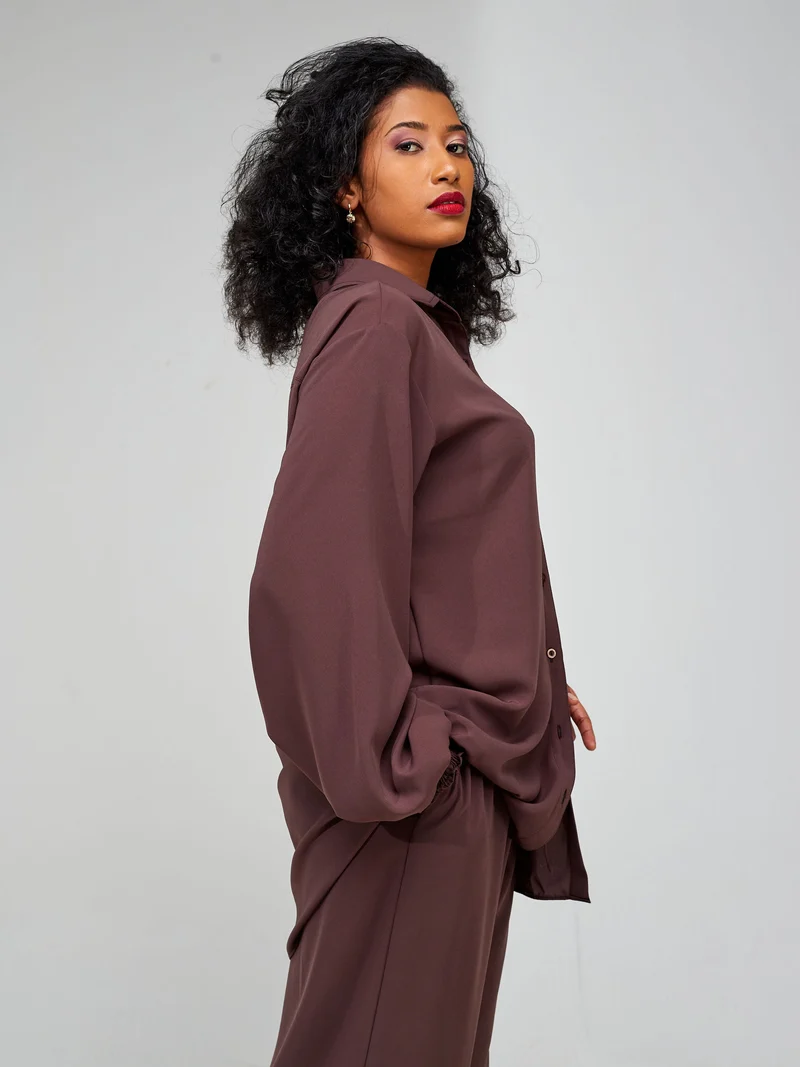 Vivo Wastani Shirred Sleeve Easy Fit Shirt - Chocolate