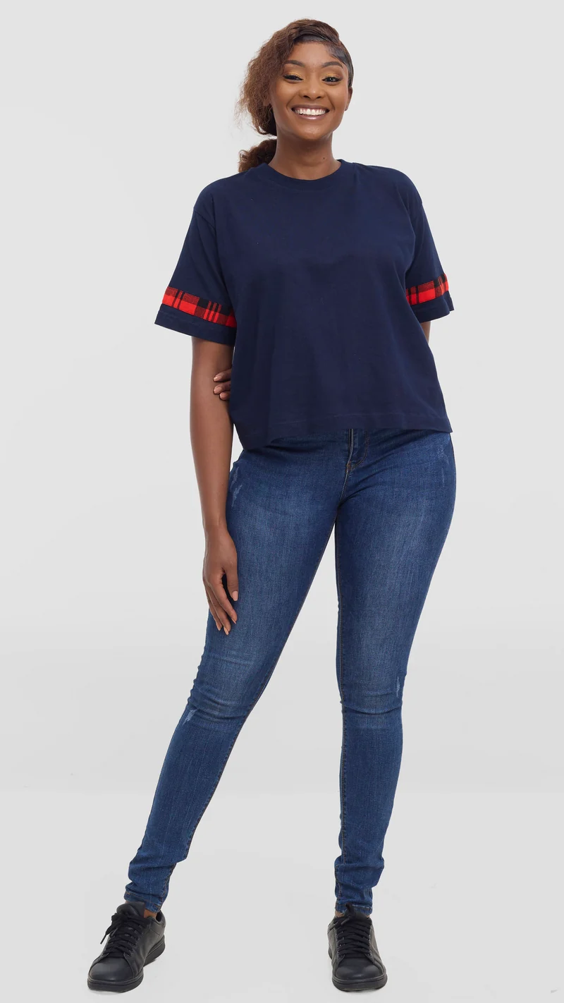 Princess Affair Plain Crop Tshirt with Maasai Detail - Navy Blue
