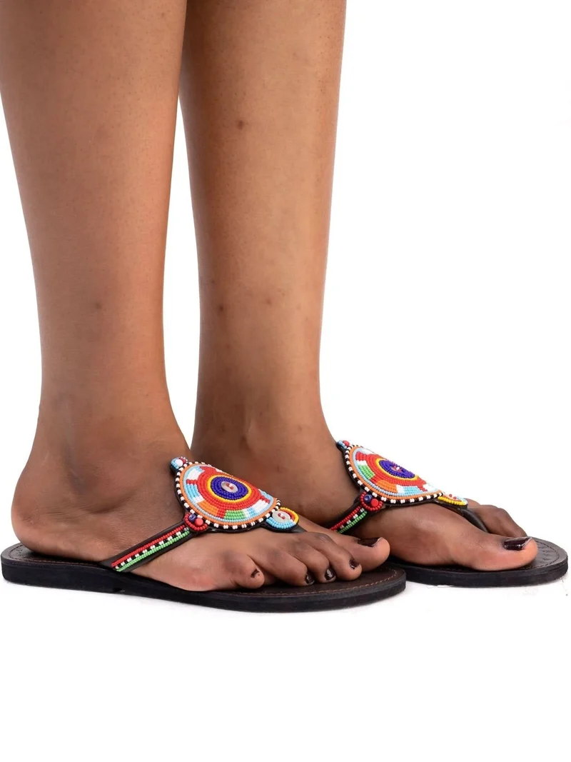 Azu Button Maasai Sandals - Black Print