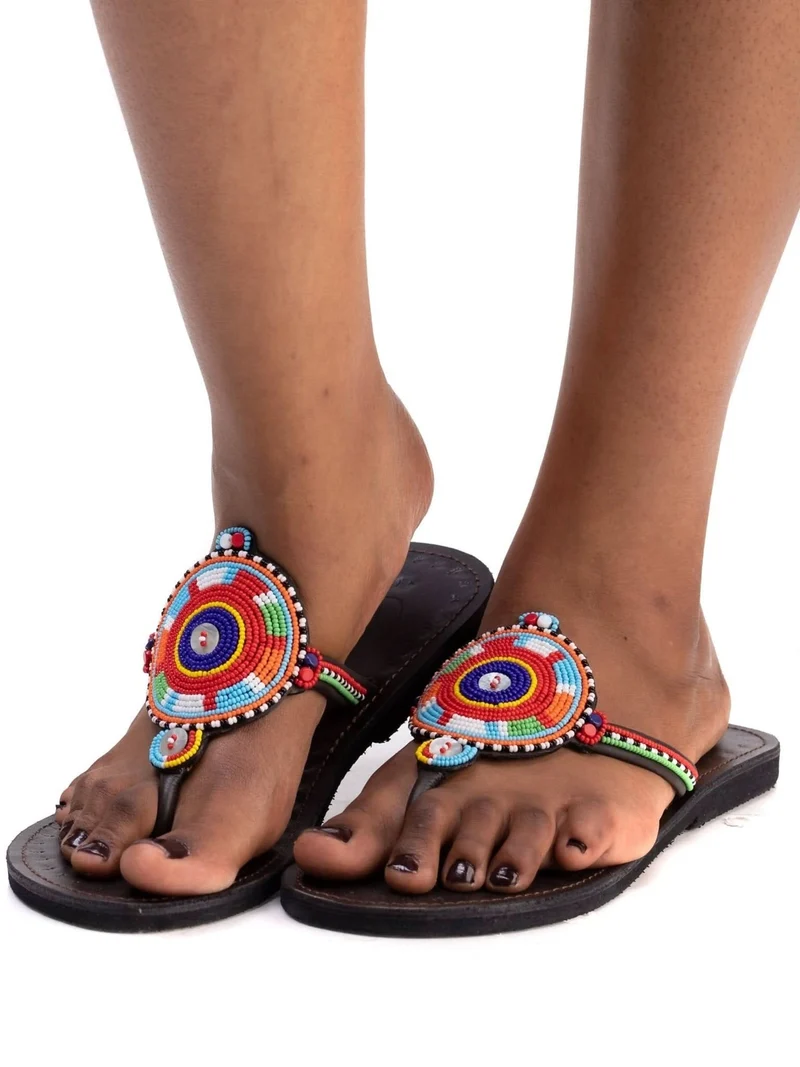 Azu Button Maasai Sandals - Black Print