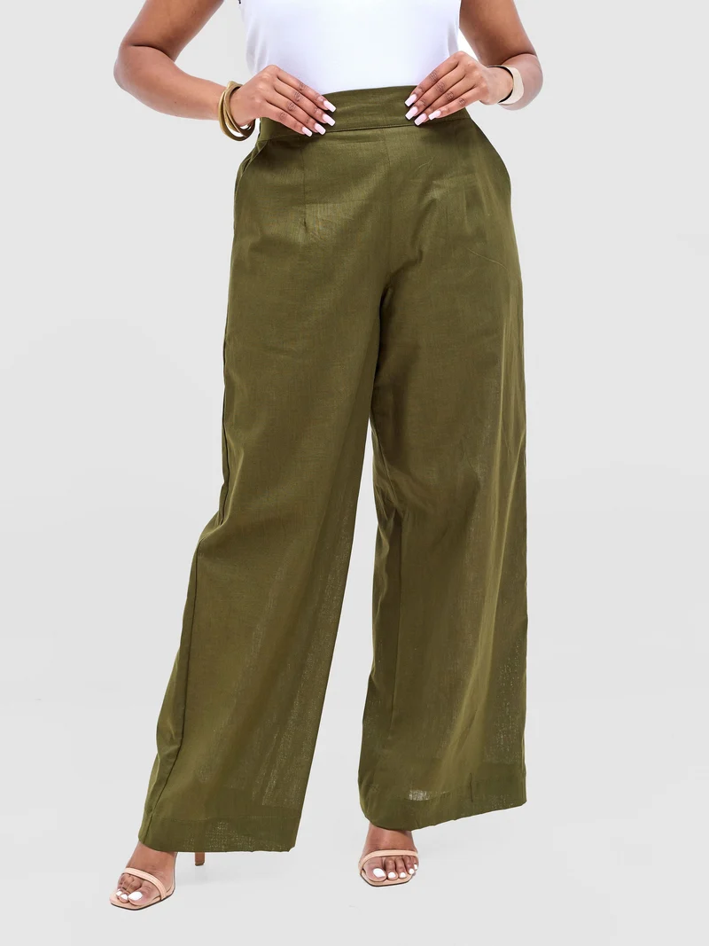 Safari by Vivo Tiwa Wide Leg Pants in Linen - Hunters