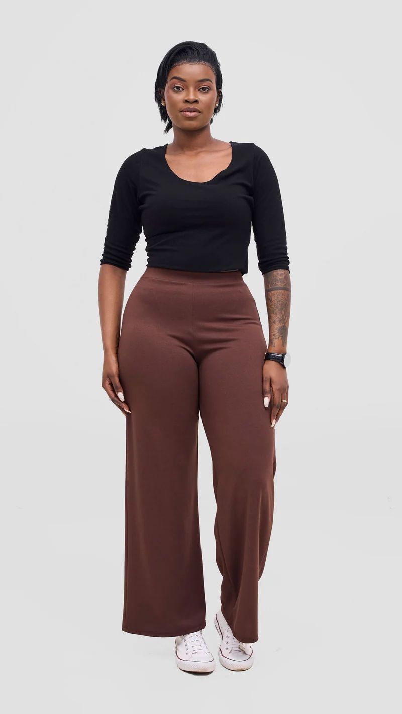 Vivo Selah Palazzo Pants in Stretch Rib Stretch Rib - Chocolate