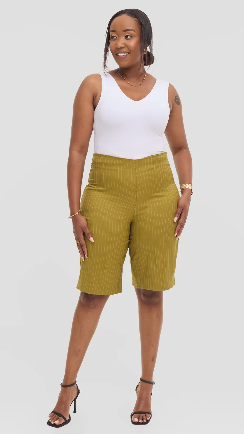 Vivo Studio Longline Shorts in Crepe - Olive Stripes