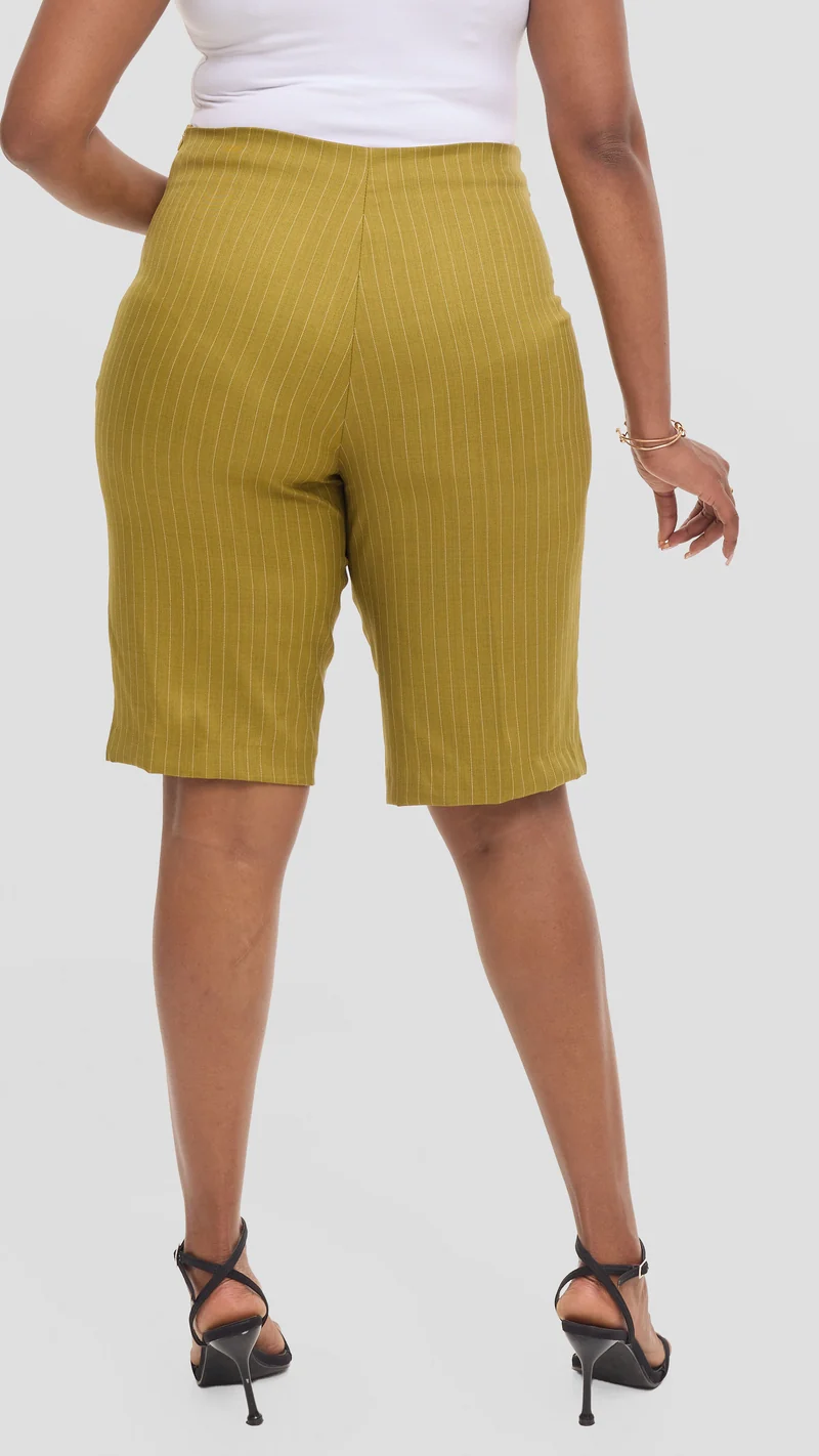 Vivo Studio Longline Shorts in Crepe - Olive Stripes