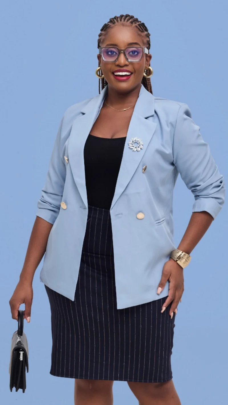 The Fashion Frenzy Elara Tailored Double-Button Blazer - Sky Blue