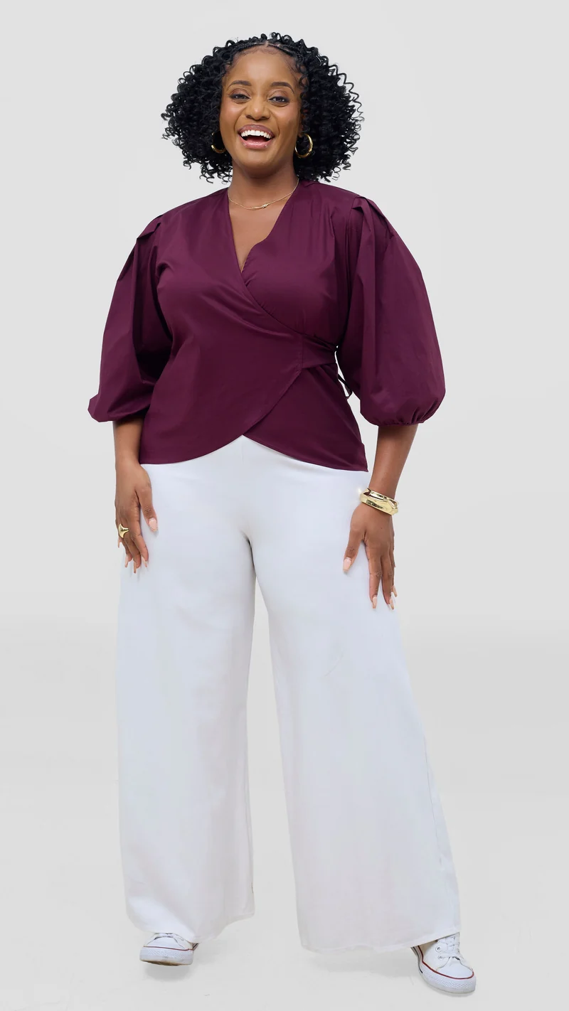 Vivo 3/4 Sleeve Wrap Top in Cotton - Mulberry