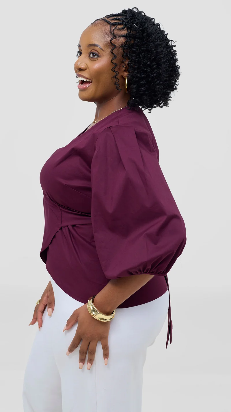 Vivo 3/4 Sleeve Wrap Top in Cotton - Mulberry
