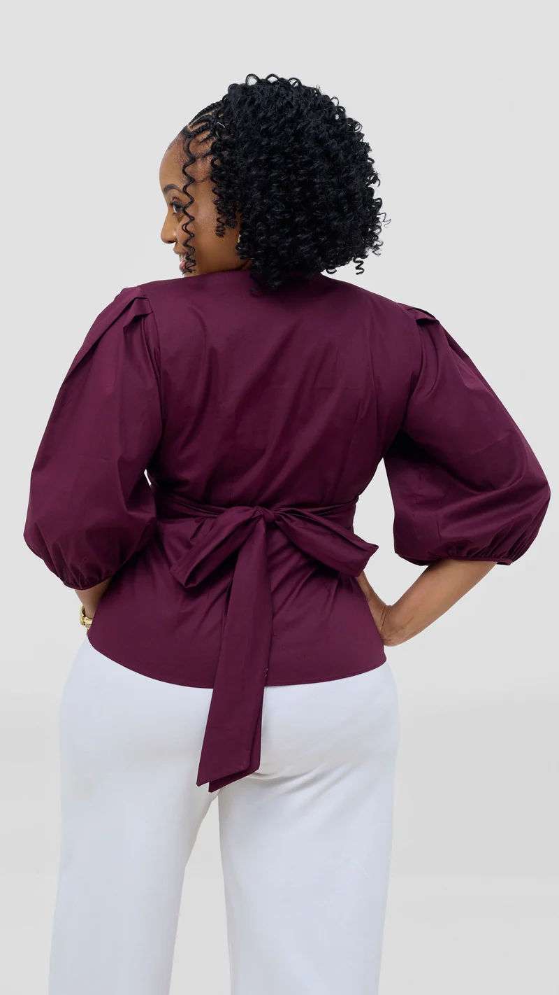 Vivo 3/4 Sleeve Wrap Top in Cotton - Mulberry