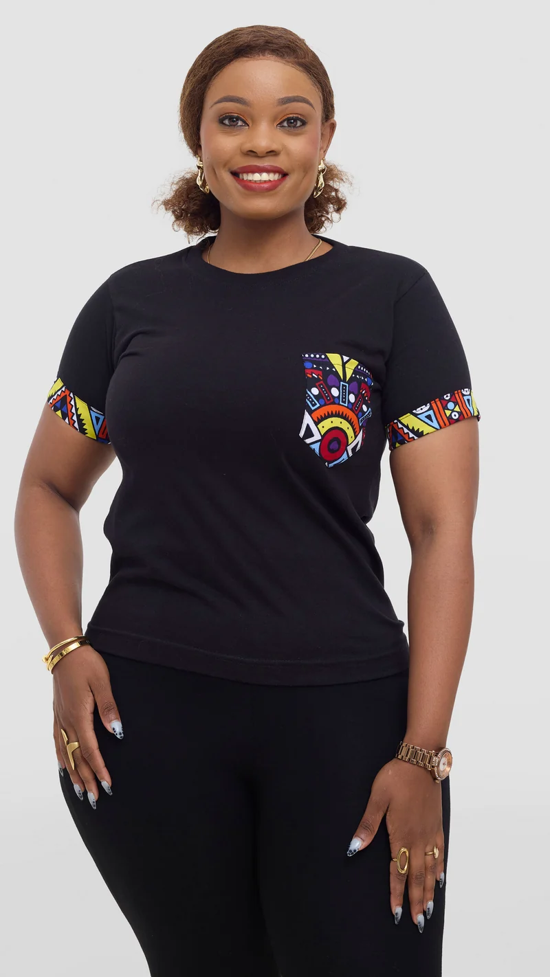 Princess Affair Tshirt with Ankara Pocket Detail - Black