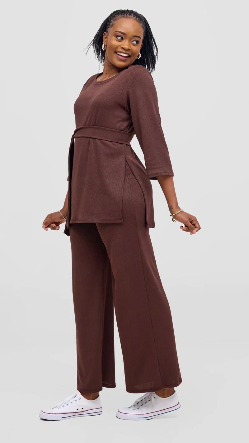 Vivo Rema 3/4 Sleeve Side Slit Tunic Top - Chocolate