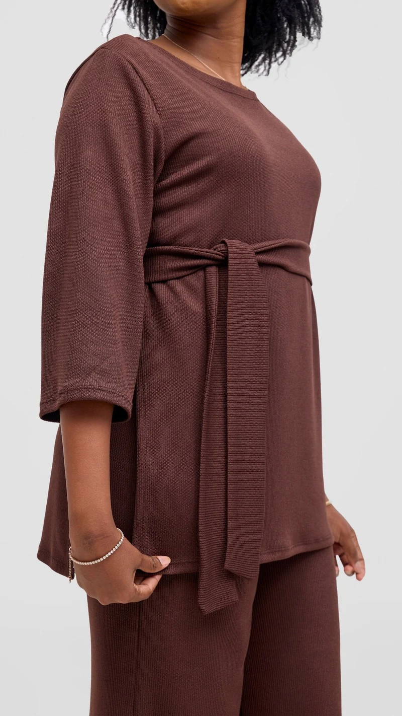 Vivo Rema 3/4 Sleeve Side Slit Tunic Top - Chocolate