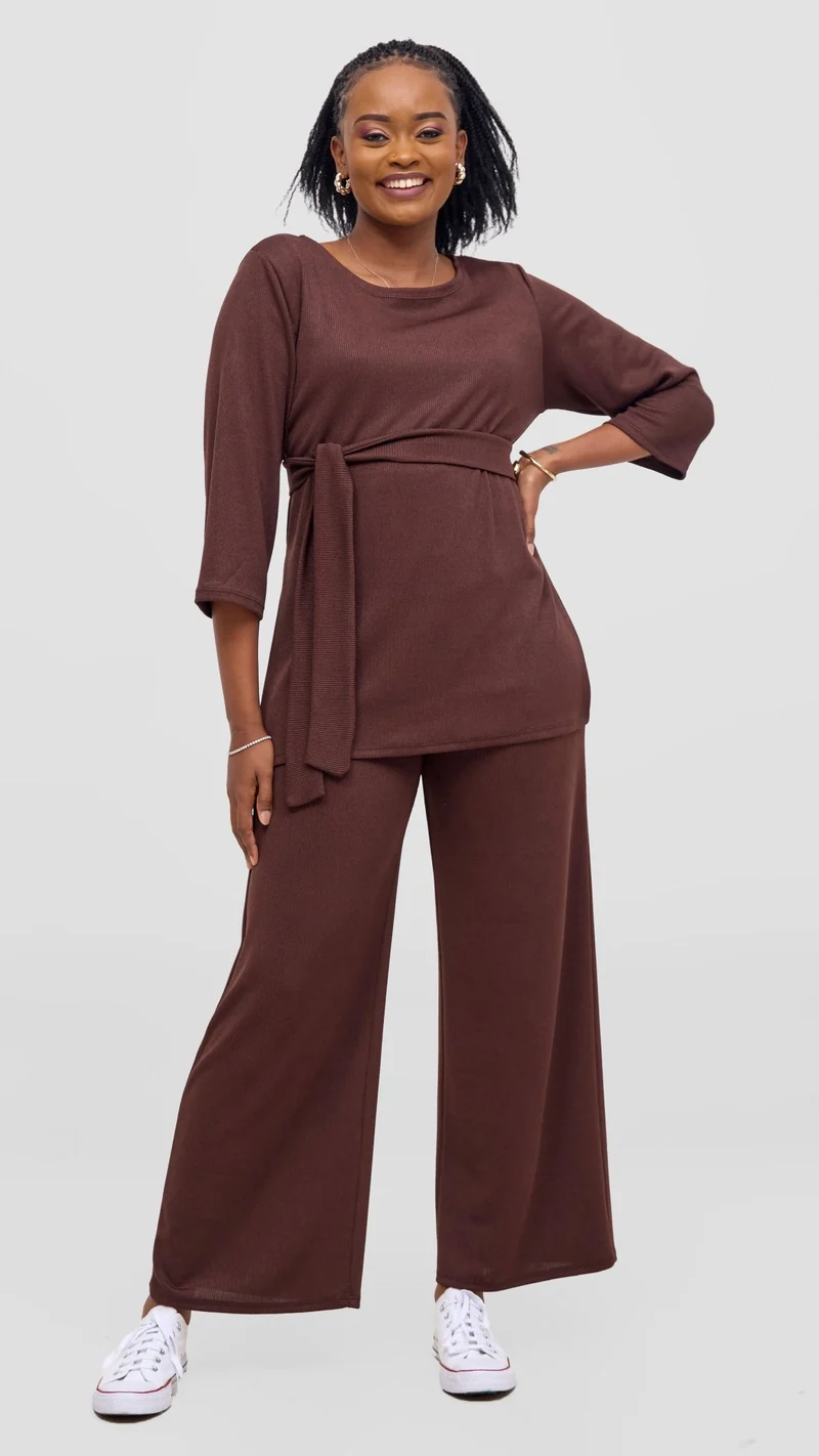 Vivo Rema 3/4 Sleeve Side Slit Tunic Top - Chocolate