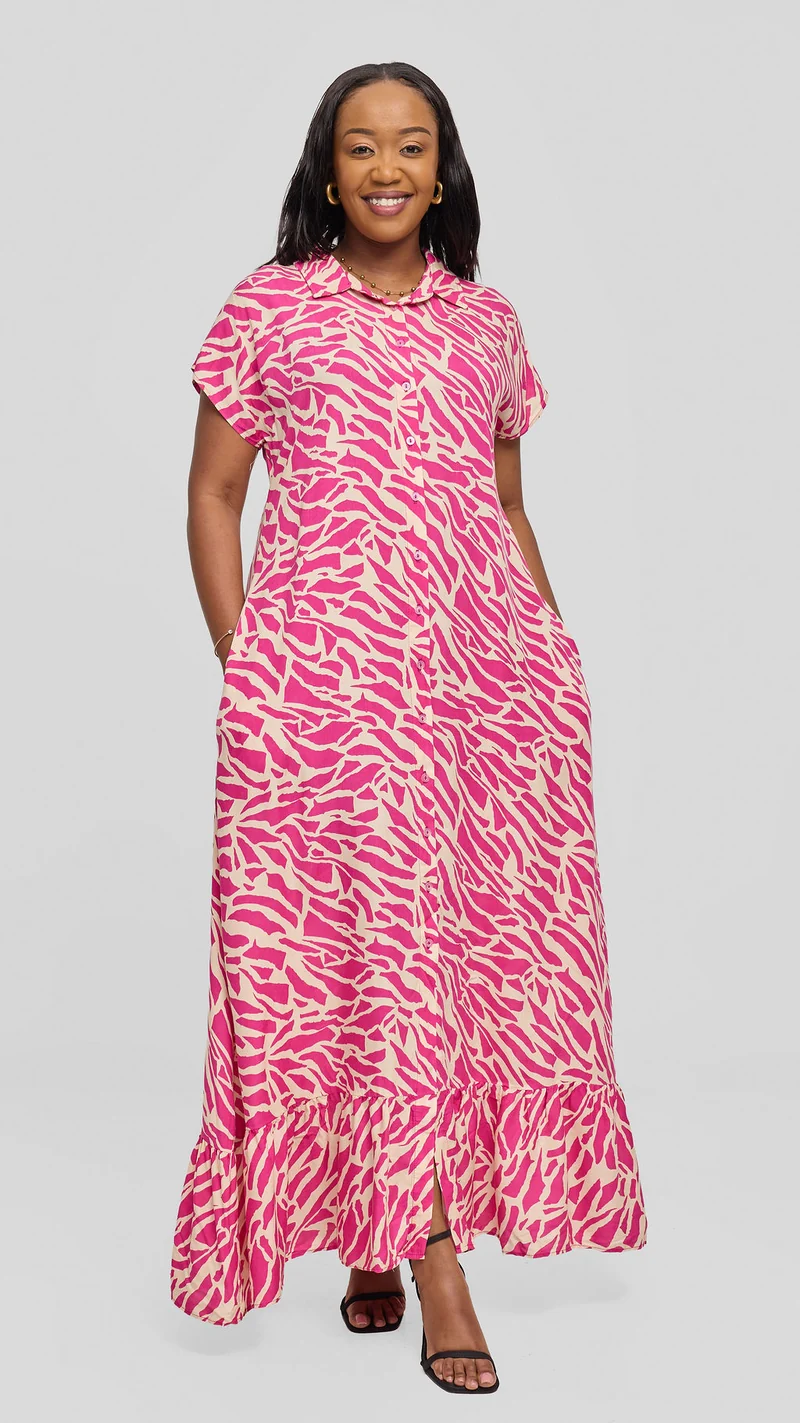 Vivo Maisha Drop Shoulder Maxi Dress In Rayon - Pink / Light Tan Print
